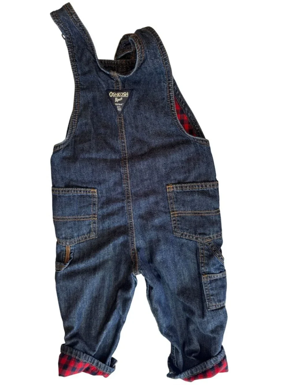 OshKosh Bgosh Denim Overalls Toddlers Red Buffalo Plaid Lined Kid Size 24 Months